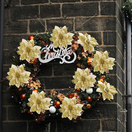 16 PCS Glitter Poinsettia Ornaments – Xmas Tree & Wreath Decorations w/ Clips