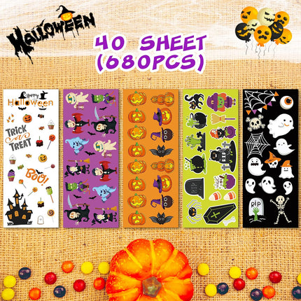 680-Piece Halloween Stickers for Kids, 40 Sheets, Waterproof Party Favor Treats