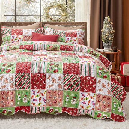 Christmas Quilt for Queen Bed Red Patchwork Printed Coverlet, Lightweight Soft