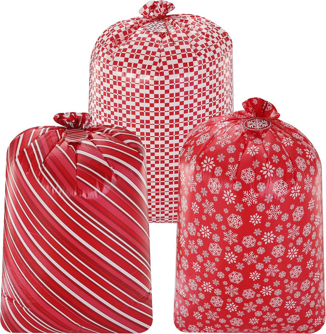 3 Large Red Christmas Plastic Gift Bags – 56”x36” with Gift Tags for Xmas Parties and Giving