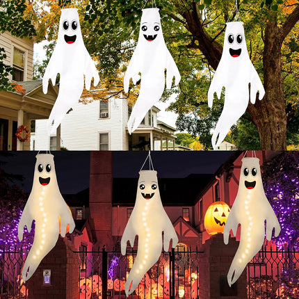 3-Pack 43in Lighted Halloween Ghost Windsocks, LED Hanging Tree & Yard Decor