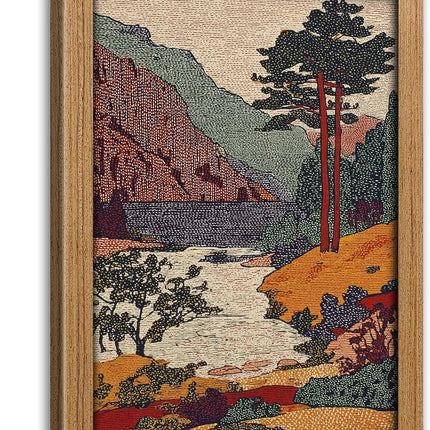 Framed Vintage Japanese Landscape Canvas Wall Art, Retro Mountain River Print