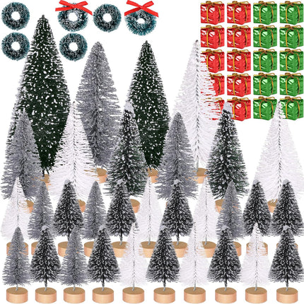 56-Piece Miniature Artificial Christmas Tree Set – Sisal & Frosted Bottle Brush Trees