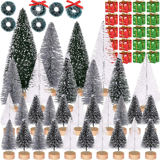 56-Piece Miniature Artificial Christmas Tree Set – Sisal & Frosted Bottle Brush Trees