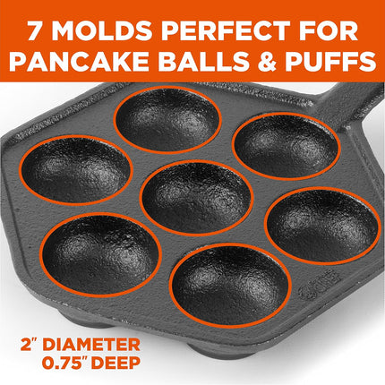 CHEF Danish Aebleskiver Pan Pre-Seasoned Cast Iron 7-Section Mini Pancake Pan