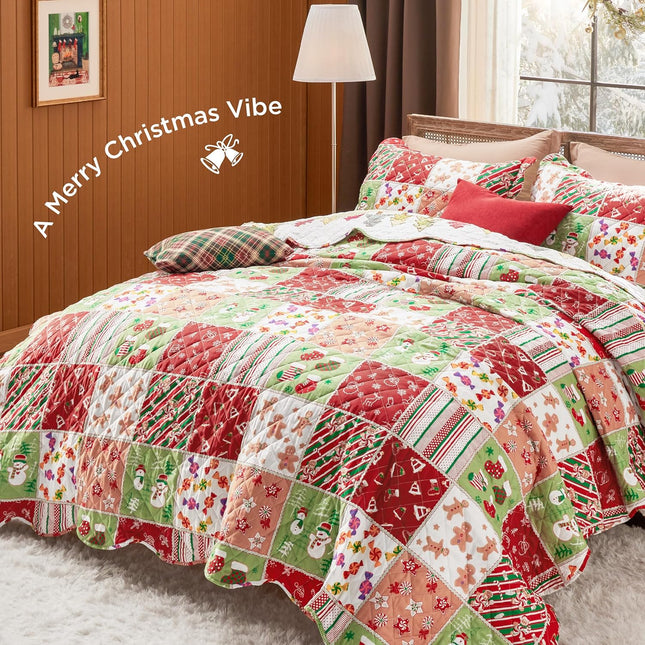 Christmas Quilt for Queen Bed Red Patchwork Printed Coverlet, Lightweight Soft