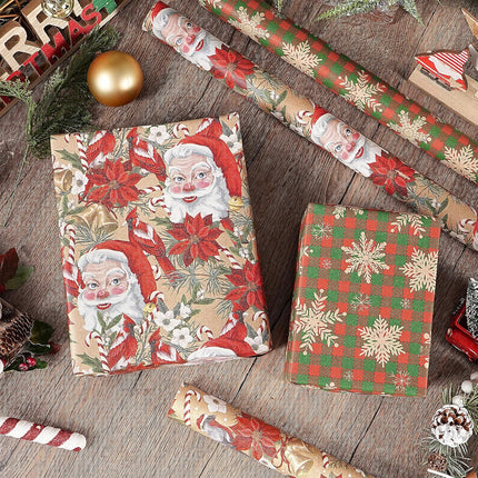 Christmas Kraft Wrapping Paper Set, 4 Rolls, Vintage Designs, 30"x10ft Each