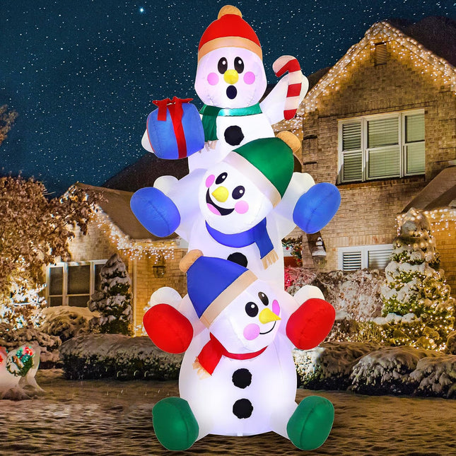 6ft Inflatable Stacked Snowman with Built-in LEDs, Indoor/Outdoor Xmas Decor