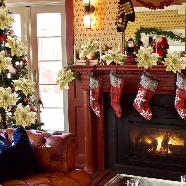 16 PCS Glitter Poinsettia Ornaments – Xmas Tree & Wreath Decorations w/ Clips