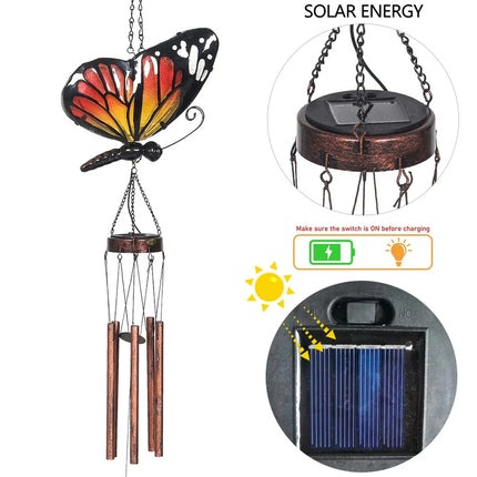Solar Butterfly Wind Chimes for Outside Metal Hanging LED Garden Decor
