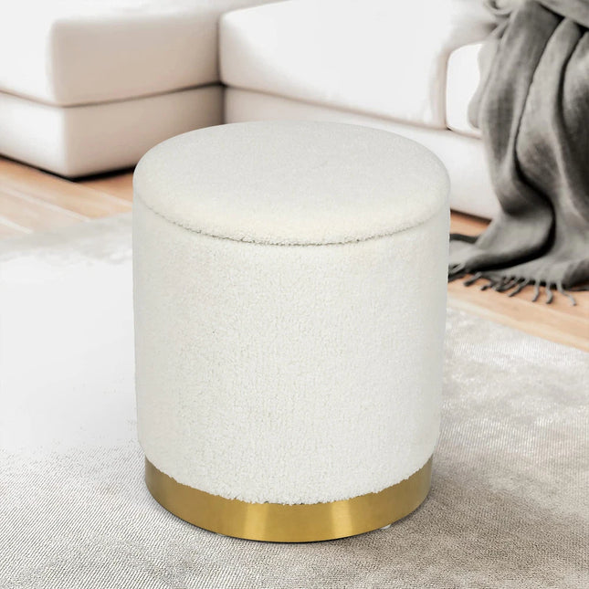 Velvet Round Storage Stool – Gold Base Ottoman with Hidden Storage
