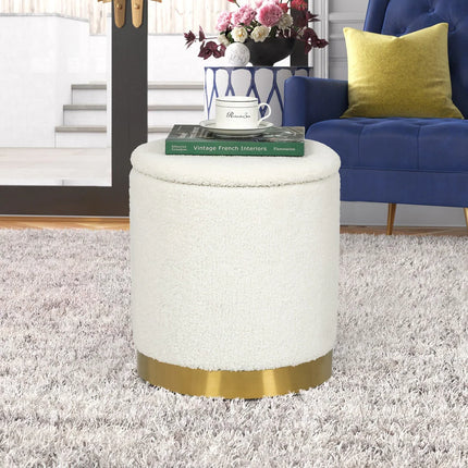 Velvet Round Storage Stool – Gold Base Ottoman with Hidden Storage