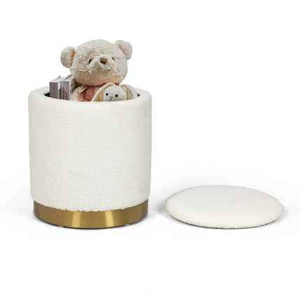 Velvet Round Storage Stool – Gold Base Ottoman with Hidden Storage