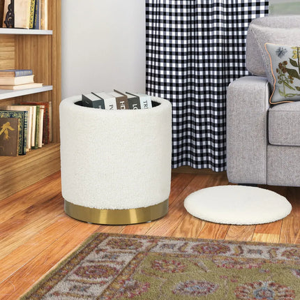 Velvet Round Storage Stool – Gold Base Ottoman with Hidden Storage