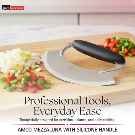 Mezzaluna Knife with Comfortable Silicone Handle – Easy Chopping