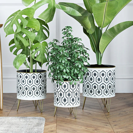 3-Piece Hexagonal Metal Planters – Black/White Indoor Flower Pots