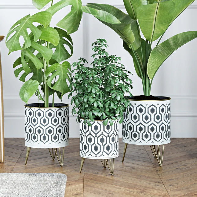 3-Piece Hexagonal Metal Planters – Black/White Indoor Flower Pots