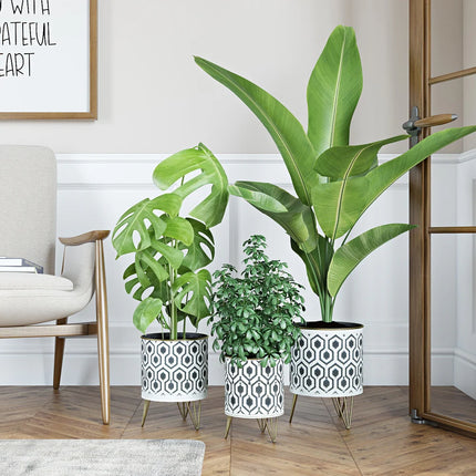 3-Piece Hexagonal Metal Planters – Black/White Indoor Flower Pots