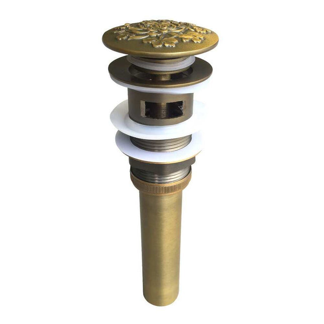 Bathroom Sink Pop-Up Drain, Antique Brass with Decorative Carved Design