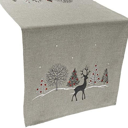 Embroidered Gray Table Runner – 16×33 in Holiday Reindeer Christmas Design