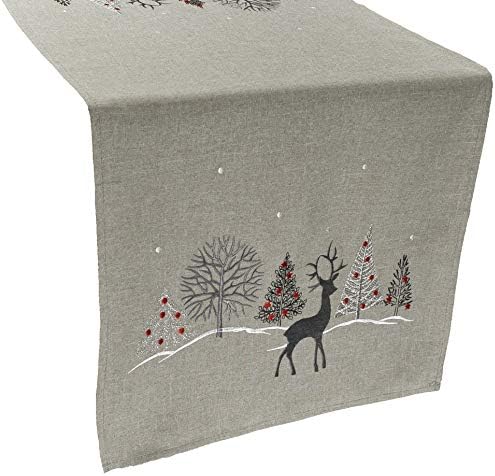 Embroidered Gray Table Runner – 16×33 in Holiday Reindeer Christmas Design