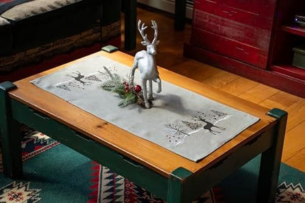 Embroidered Gray Table Runner – 16×33 in Holiday Reindeer Christmas Design