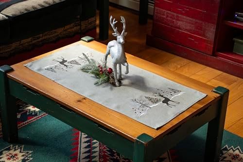 Embroidered Gray Table Runner – 16×33 in Holiday Reindeer Christmas Design