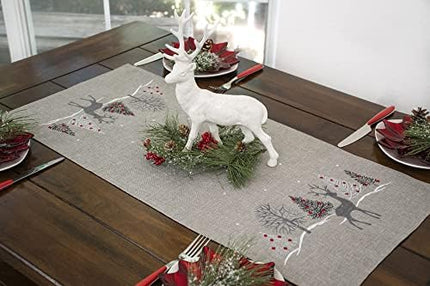 Embroidered Gray Table Runner – 16×33 in Holiday Reindeer Christmas Design
