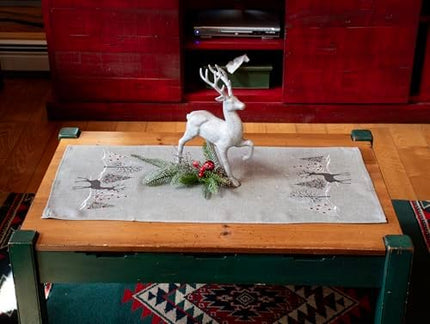 Embroidered Gray Table Runner – 16×33 in Holiday Reindeer Christmas Design