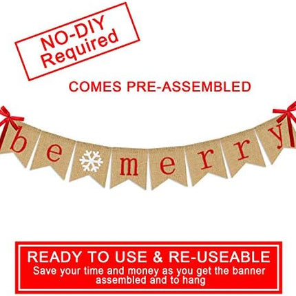 Be Merry Burlap Banner – Rustic Christmas Garland for Mantle, Fireplace & Parties