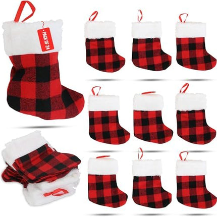 Mini Xmas Stockings 24-Pack – 6-Inch Red Buffalo Plaid Holiday Ornaments
