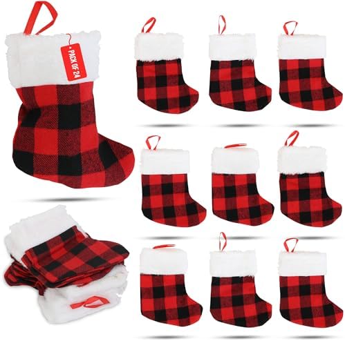 Mini Xmas Stockings 24-Pack – 6-Inch Red Buffalo Plaid Holiday Ornaments