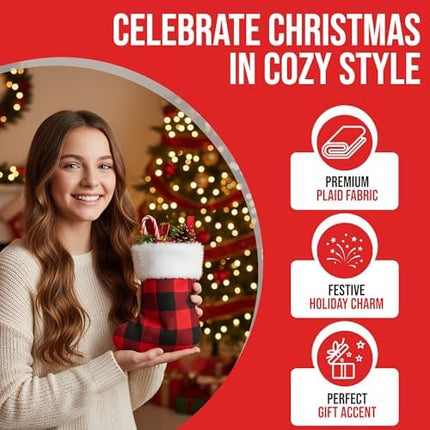 Mini Xmas Stockings 24-Pack – 6-Inch Red Buffalo Plaid Holiday Ornaments