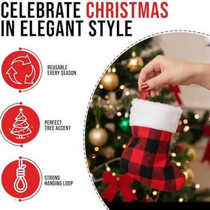 Mini Xmas Stockings 24-Pack – 6-Inch Red Buffalo Plaid Holiday Ornaments