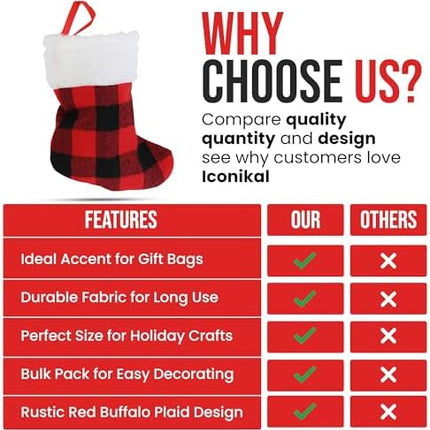 Mini Xmas Stockings 24-Pack – 6-Inch Red Buffalo Plaid Holiday Ornaments