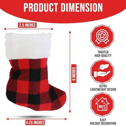 Mini Xmas Stockings 24-Pack – 6-Inch Red Buffalo Plaid Holiday Ornaments