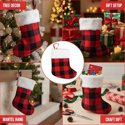 Mini Xmas Stockings 24-Pack – 6-Inch Red Buffalo Plaid Holiday Ornaments