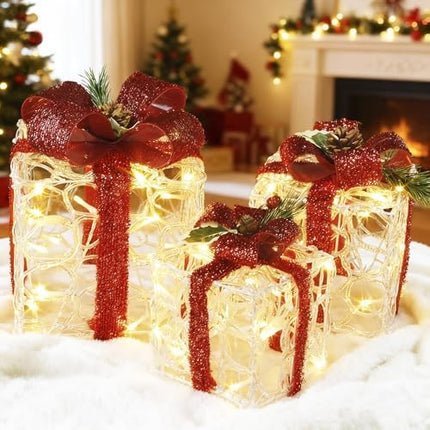 ATDAWN Lighted Gift Boxes Set of 3 – Clear Acrylic Christmas Home Decorations