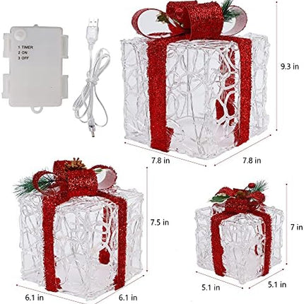 ATDAWN Lighted Gift Boxes Set of 3 – Clear Acrylic Christmas Home Decorations