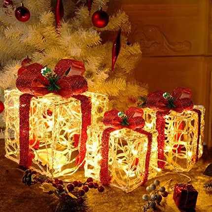 ATDAWN Lighted Gift Boxes Set of 3 – Clear Acrylic Christmas Home Decorations