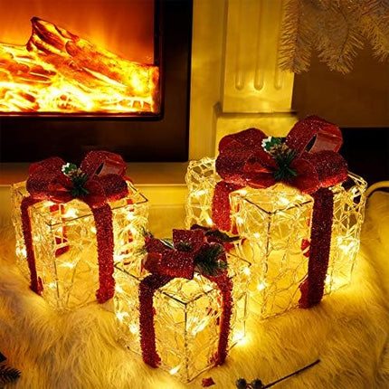 ATDAWN Lighted Gift Boxes Set of 3 – Clear Acrylic Christmas Home Decorations