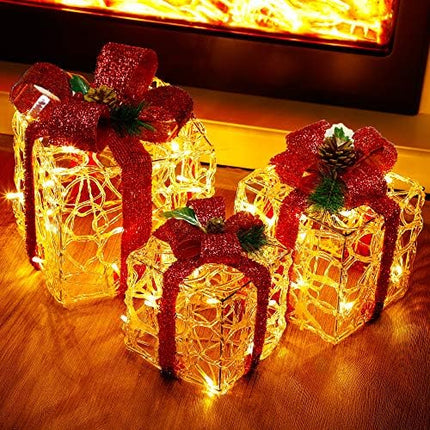 ATDAWN Lighted Gift Boxes Set of 3 – Clear Acrylic Christmas Home Decorations