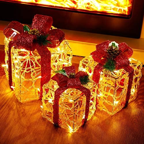 ATDAWN Lighted Gift Boxes Set of 3 – Clear Acrylic Christmas Home Decorations