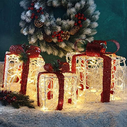 ATDAWN Lighted Gift Boxes Set of 3 – Clear Acrylic Christmas Home Decorations