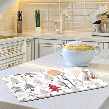 Nander Christmas Tree Dish Drying Mat 18x24 Absorbent Reversible Kitchen Pad