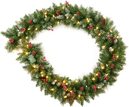 Pre-Lit Mixed Pine Garland 9ft – Frosted Berries, Pinecones & 50 LED Lights for Holiday Décor
