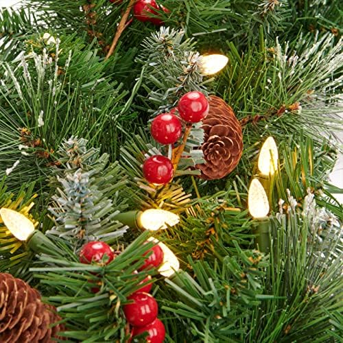 Pre-Lit Mixed Pine Garland 9ft – Frosted Berries, Pinecones & 50 LED Lights for Holiday Décor