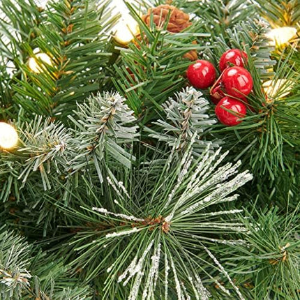 Pre-Lit Mixed Pine Garland 9ft – Frosted Berries, Pinecones & 50 LED Lights for Holiday Décor