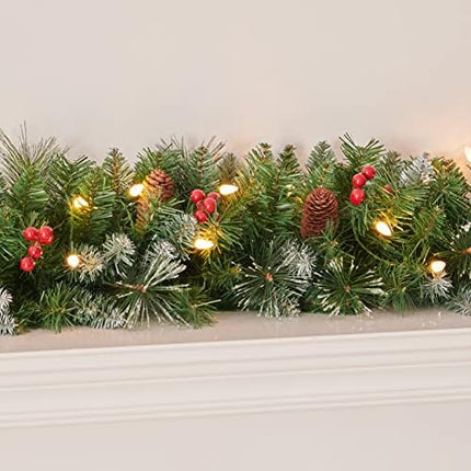 Pre-Lit Mixed Pine Garland 9ft – Frosted Berries, Pinecones & 50 LED Lights for Holiday Décor