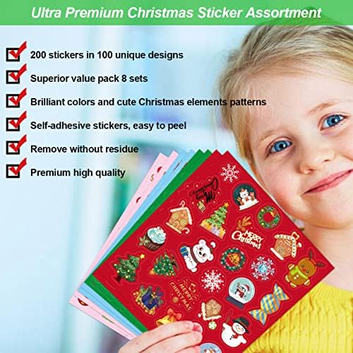 Christmas Stickers 200 PCS – 8 Sheets Cute Kids Holiday Party Supplies